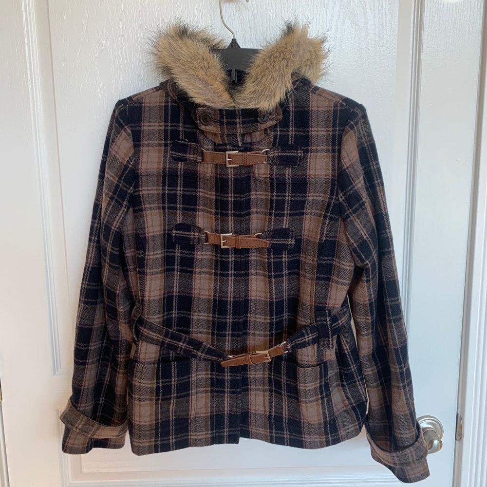 Juicy Couture plaid coat with fur hood